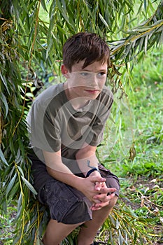 Teenage boy sits in the branches of a weeping willow