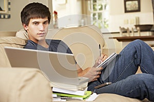 Teenage Boy Sitting On Sofa At Home Doing Homework Using Laptop Computer