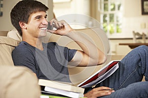 Teenage Boy Sitting On Sofa At Home Doing Homework Using Mobile Phone