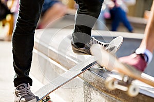 Teenage boy skateboarding outdoors