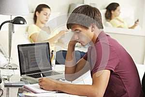 Teenage Boy Studying At Desk In Bedroom With Girl In Background