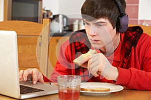 Teenage Boy Using Laptop Whilst Eating Breakfast