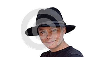 Teenage boy wearing  black fedora hat