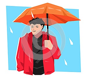 Teenage boy wearing umbrella when it rains. cartoon flat vector illustration.