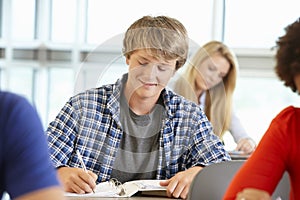 Teenage boy working in class