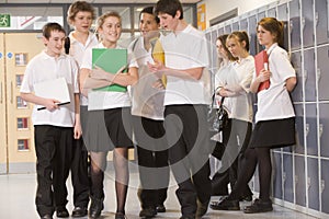 Teenage boys clustered around a girl at school photo