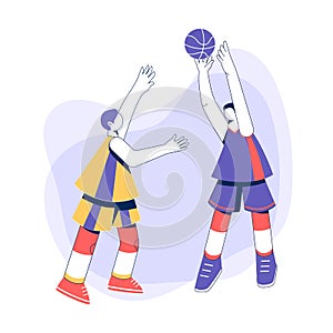 Teenage boys playing basketball concept. Young men training dribble.