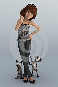 Teenage CGI girl with her two cartoon Siamese cats