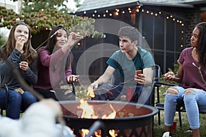 Teenage friends eating sÃ¯Â¿Â½mores around a firepit photo