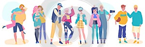 Teenage friends, happy young teens in fashion clothes, vector illustration