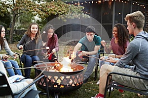 Teenage friends sit round a fire pit toasting marshmallows