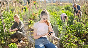 Teenage girl addicting in phone on family vegetable garden