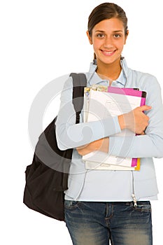 Teenage girl with backpack and books