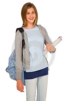 Teenage girl with backpack and books