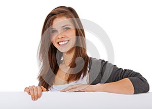 Teenage girl behind white placeholder