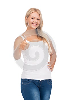 Teenage girl in blank white t-shirt with thumbs up