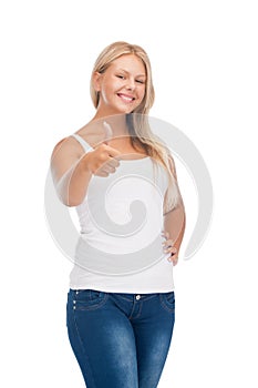 Teenage girl in blank white t-shirt with thumbs up