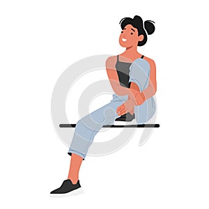 Teenage Girl Casually Perched On A Bench, Lost In Her Own World, Observing Her Surroundings, Vector Illustration