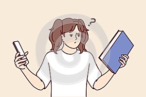 Teenage girl choose between book and phone to read favorite art story. Vector image