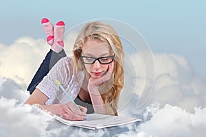 A teenage girl does homework on a cloud