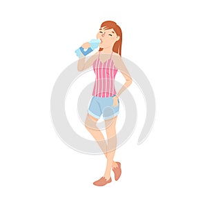 Teenage Girl Drinking Clean Water from Plastic Bottle, Girl Quenching Thirst, Healthy Lifestyle Concept Cartoon Style