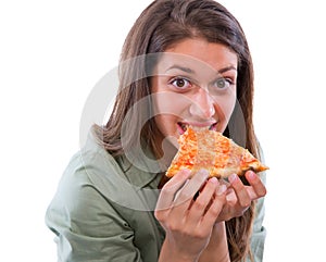 Teenage girl eating pizza