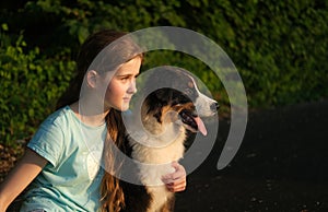 teenage girl embrace australian shepherd puppy dog in summer. in forest