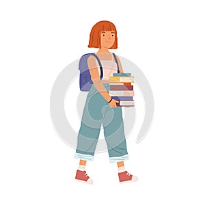 Teenage girl going to school. Pupil with backpack holding pile of books. Student walking and carry studentbooks. Scene