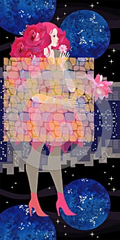 A teenage girl with a hairdo in the form of a bouquet of roses in a night space with stars and planets