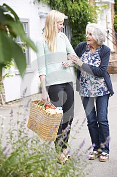 Teenage Girl Helping Senior Woman To Carry Shopping photo