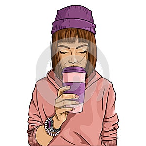 Teenage girl holding a paper cup of coffee