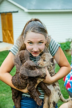 Teenage girl holds and snuggles with new labradoodle puppies photo