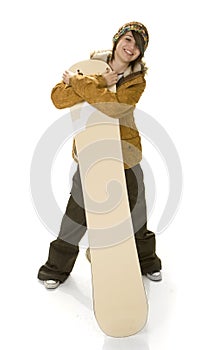 Teenage Girl Hugging Snowboard