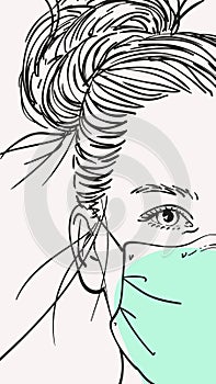 Teenage girl in medical face mask with long hair tied in stylish bun half face one eye portrait, Vector sketch hand drawn