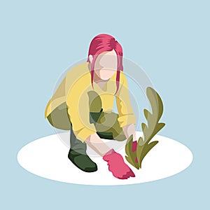 Teenage Girl with pink hair with plant. Vector garden illustration