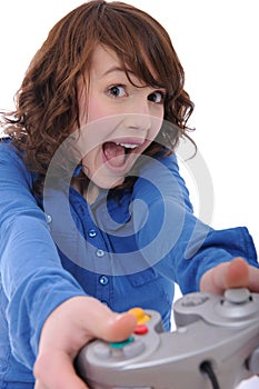 Teenage girl playing videogame