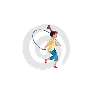 The teenage girl plays skipping rope. Vector illustration in the flat cartoon style
