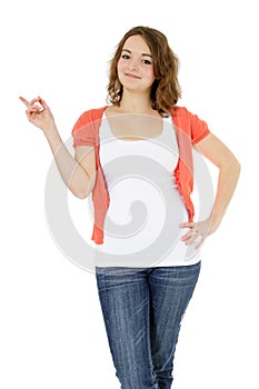 Teenage girl pointing to the side photo