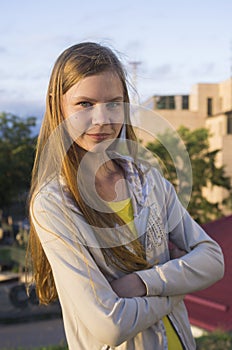 Teenage girl posing in the city