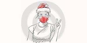 Teenage girl in red face mask and santa hat showing V sign peace gesture, Coronavirus, Celebrating Christmas and New Year
