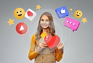 teenage girl with red heart and internet icons