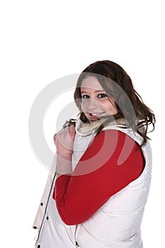 Teenage girl with red shirt and white vest