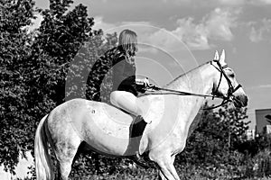 A teenage girl rider sits in the saddle on a beautiful white horse