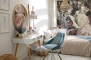 Teenage girl`s bedroom interior with stylish furniture. Idea for design