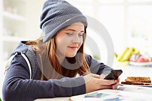 Teenage Girl Sending Text Message Whilst Studying