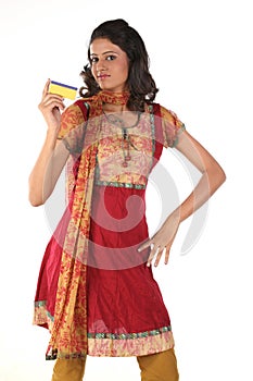 Teenage girl showing gold card