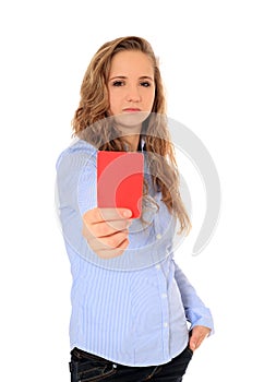 Teenage girl showing red card