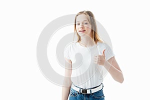 Teenage girl showing thumb up isolated on white
