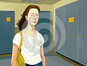 A teenage girl standing in front of her locker stoic and seemingly indifferent indifference. Art concept. AI generation
