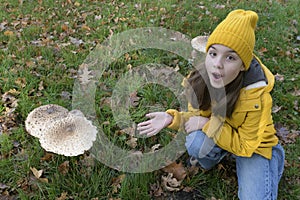 Teenage girl is surprised to find a large mushrooms on a walk in the forest. Finding huge mushrooms